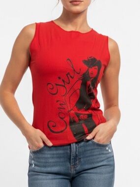 DKNY Red Cowgirl Graphic Tank Top With Rhinestones and Glitter.